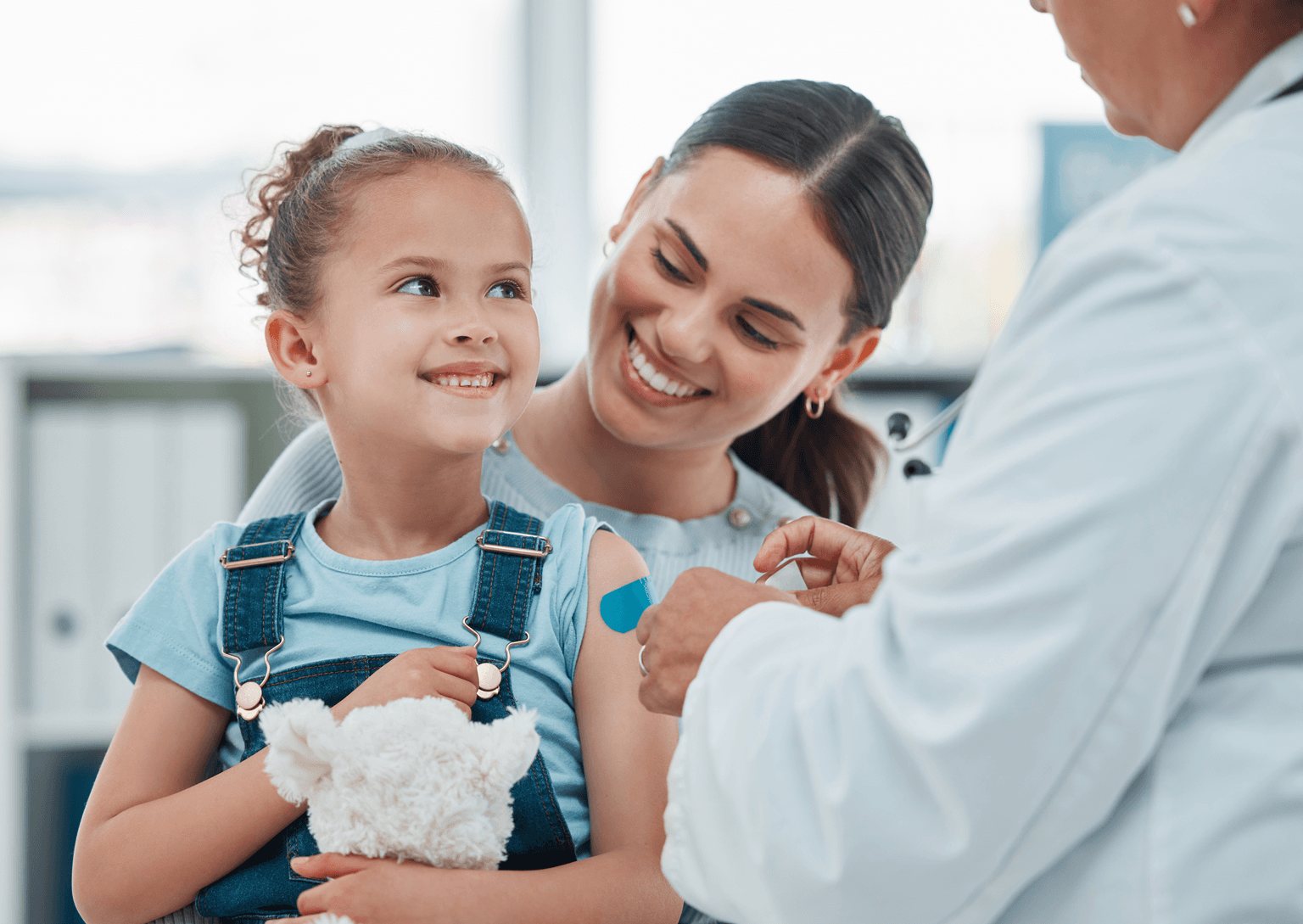 Girl, mom and doctor with vaccine injection
